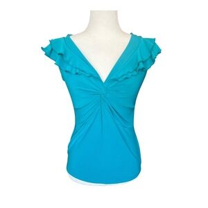 Y2K Blue Deep V-Neck Top with ruffle details on the sleeves + twist front <3